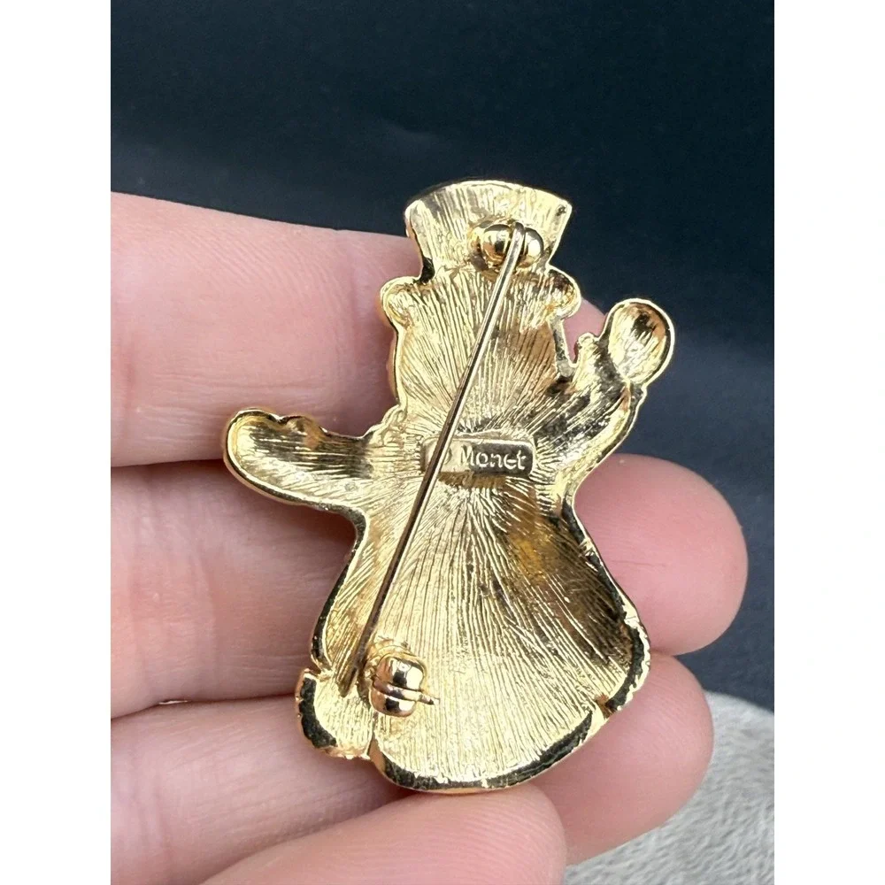 Vintage Monet Brooch Gold Tone Rhinestone Enamel Snowman